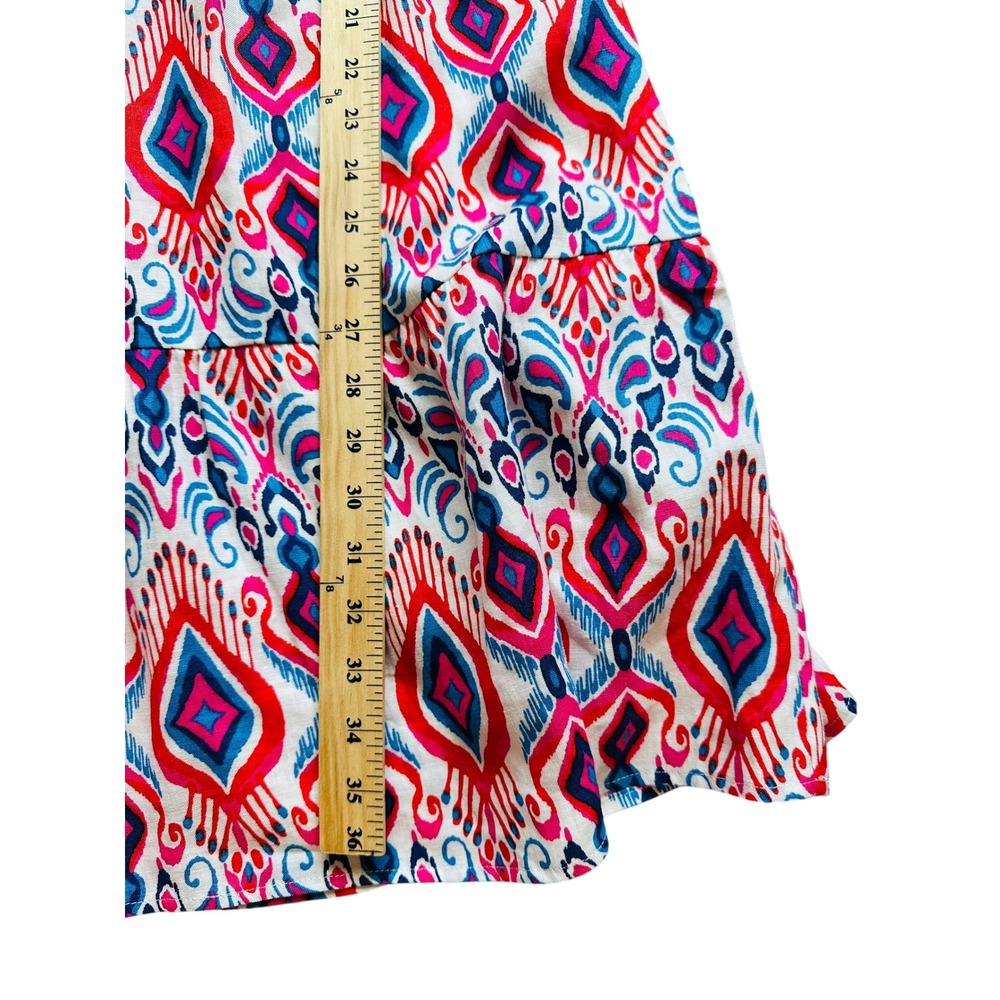 Boho Boden Ikat Tiered Mini Dress Size 10 Pink Blue Bell Sleeve V-Neck - Picture 4 of 7